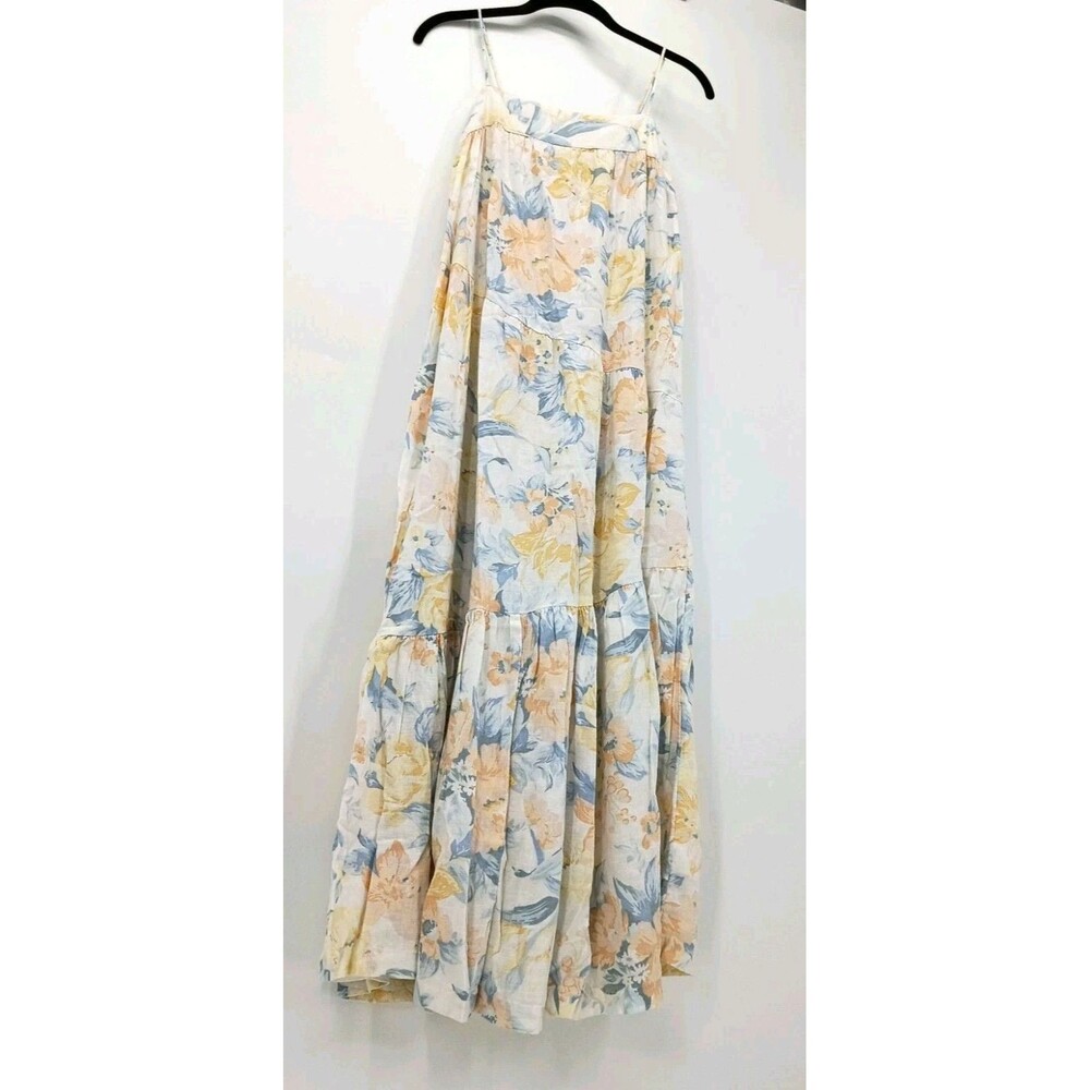 Watercolor Floral Linen Blend Tiered Maxi Dress Cottagecore XS Golden Hour Coast